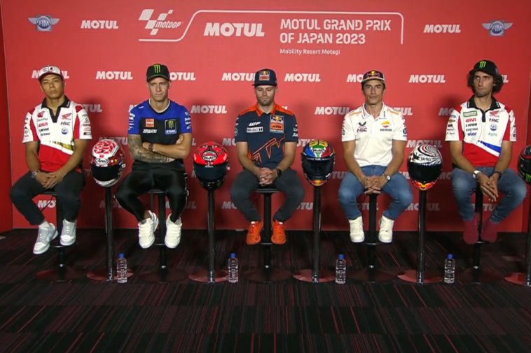 Imagem de vídeo de entrevistas com pilotos para ilustrar Marc Marquez e Fabio Quartararo que demonstraram preocupação com quantidade de provas da MotoGP, após a categoria divulgar calendário de 2024