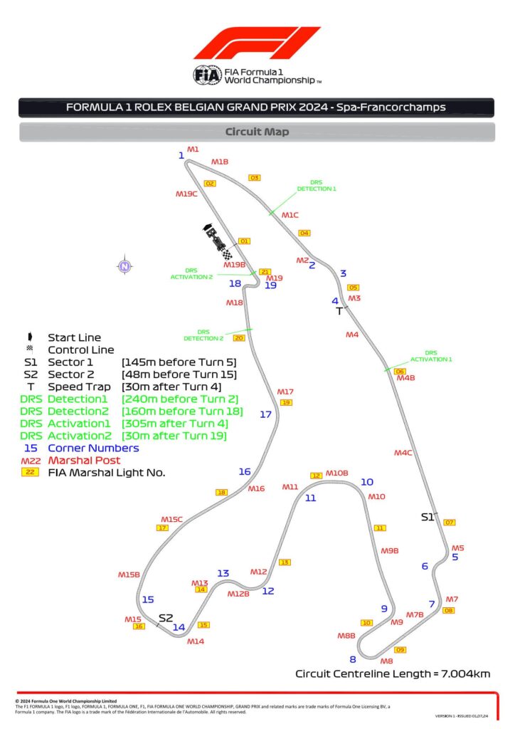 Mapa oficial do Circuito de Spa-Francorchamps, GP da Bélgica de Fórmula 1 2024